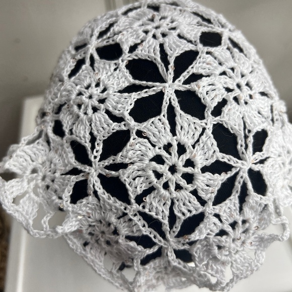 Hand made crochet triangle cotton bandana head scarf white w/silver tiny sequins main image 5